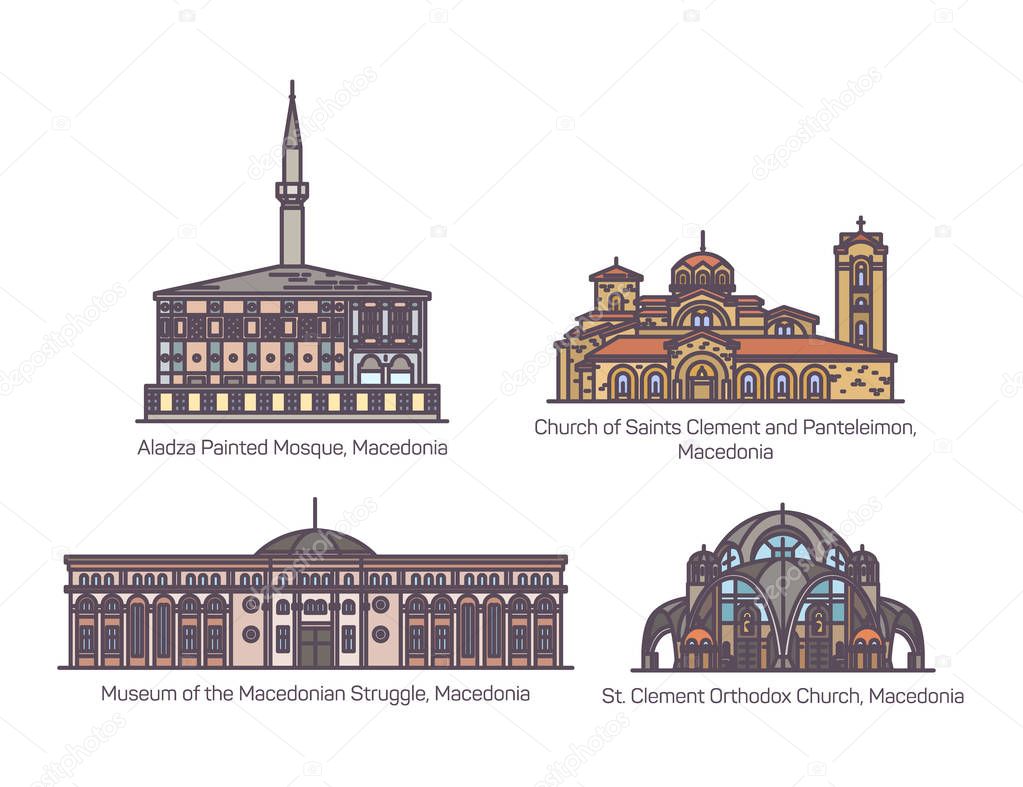 Set of line isolated historical Macedonia building