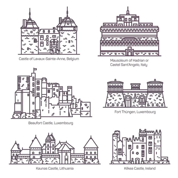 Medieval european castles and fortin thin line — Stock Vector