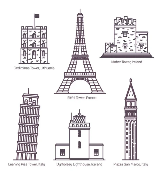 Europese bezienswaardigheden met torens in Thin Line — Stockvector