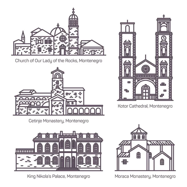 Montenegro retro buildings in thin line. Religion — Stock Vector