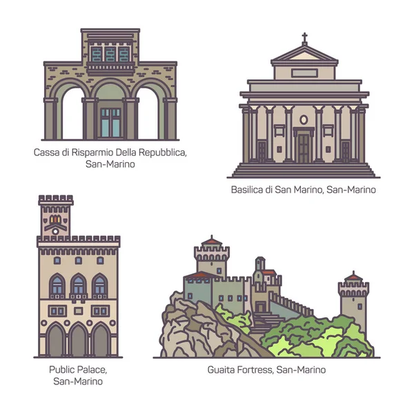 Conjunto de monumentos famosos de San Marino em linha — Vetor de Stock