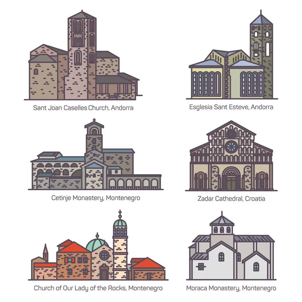 Conjunto de iglesias aisladas de Europa en color — Vector de stock