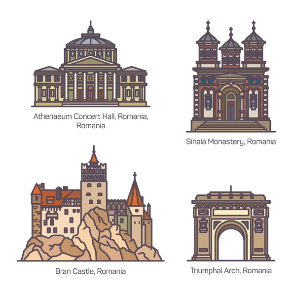 Set of Romania architecture landmarks in thin line — Stock Vector