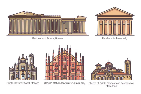 Conjunto de edificios religiosos europeos en color — Archivo Imágenes Vectoriales