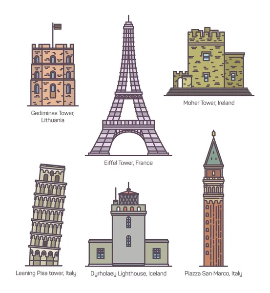 İnce çizgili kuleleri ile Avrupa simgeleri — Stok Vektör