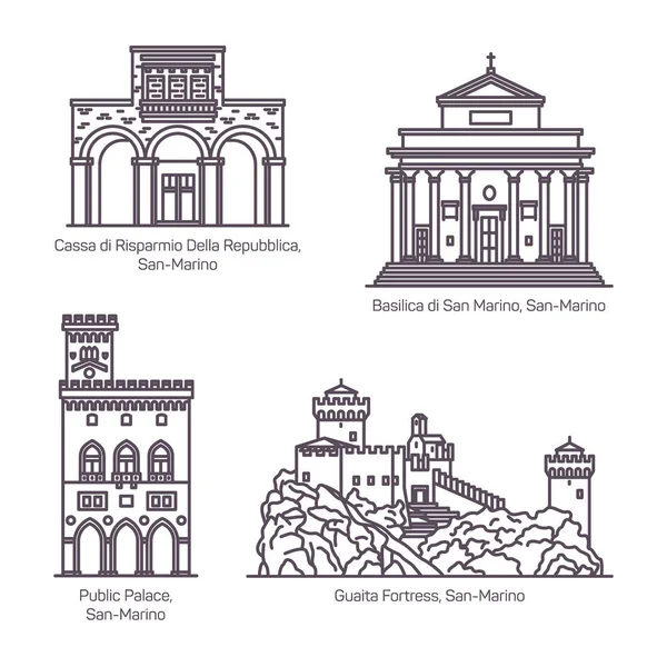 Marcos de arquitetura de San Marino em linha fina — Vetor de Stock