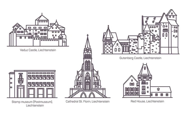 Set of Liechtenstein landmarks in thin line — Stock Vector