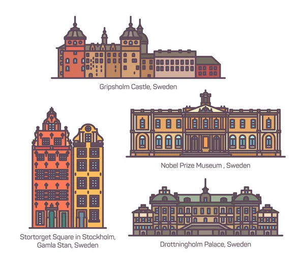 Suecia famosos monumentos de arquitectura en línea delgada — Archivo Imágenes Vectoriales