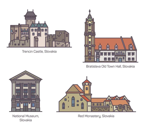 Oude architectuur gebouwen van Slowakije in lijn — Stockvector
