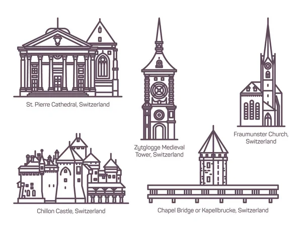 Conjunto de edificios de arquitectura de Suiza en línea — Vector de stock