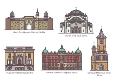 Serbian famous architecture landmarks in thin line clipart