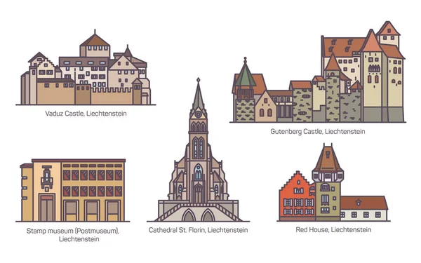 Conjunto de arquitectura antigua de Liechtenstein en línea fina — Archivo Imágenes Vectoriales
