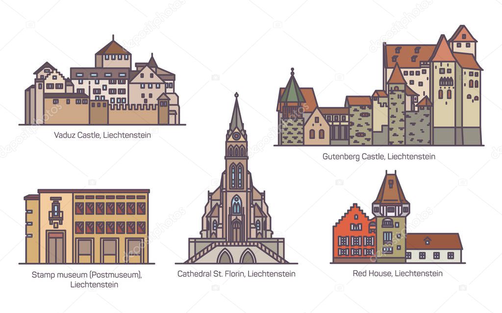 Set of Liechtenstein old architecture in thin line