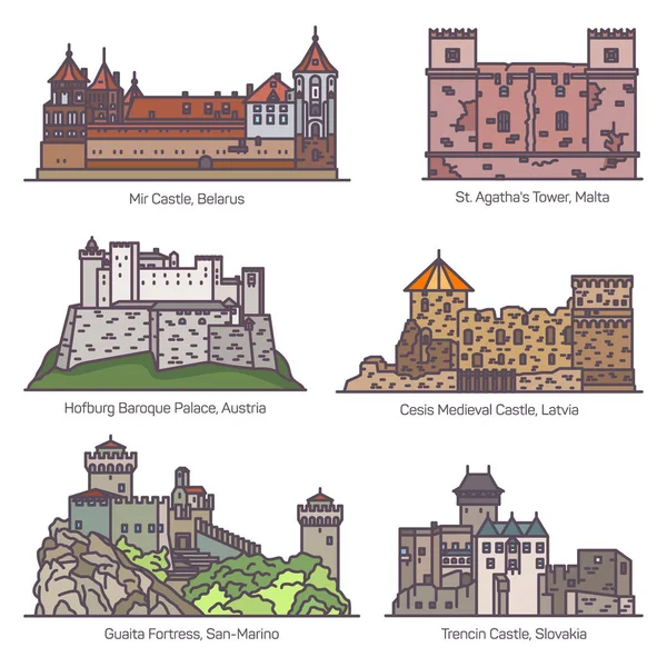 Архітектурний замок, будівлі форту в тонкій лінії — стоковий вектор