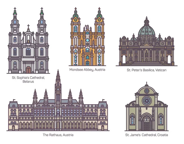 Conjunto de arquitectura de línea de catedral en color — Vector de stock