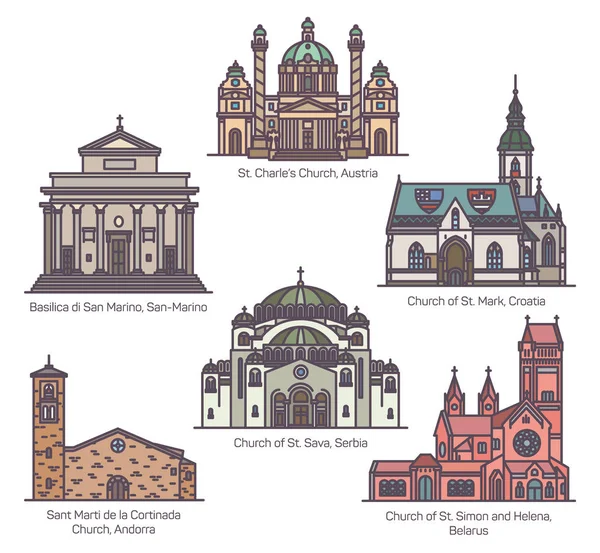 Conjunto de iglesias religiosas en línea delgada — Archivo Imágenes Vectoriales