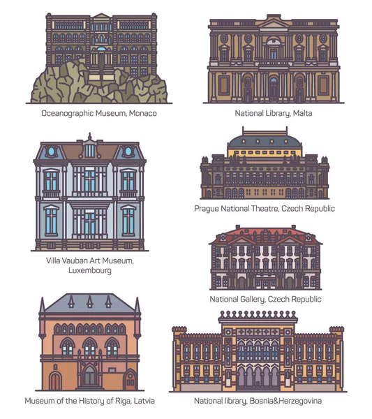 Híres európai kulturális épületek vékony Vonalban — Stock Vector