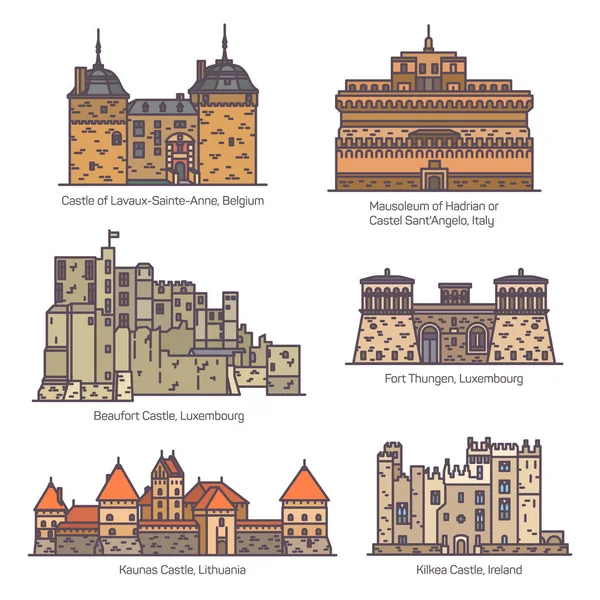 Medieval european castles and fortin in line,color — Stock Vector