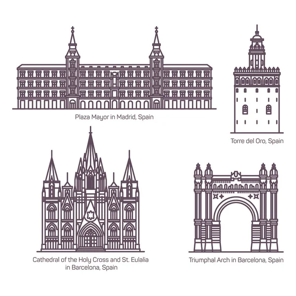 Dünne Linie Stil der spanischen Architektur Wahrzeichen — Stockvektor