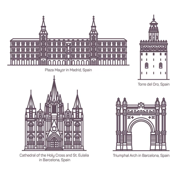 Estilo de línea delgada de los puntos de referencia de la arquitectura española — Archivo Imágenes Vectoriales