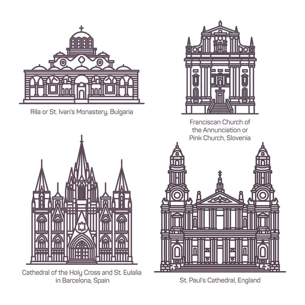 Dunne lijn kerk en de kathedraal van Europa. Religie — Stockvector