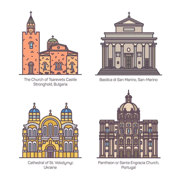 Conjunto de iglesias y catedral, basílica de Europa — Vector de stock