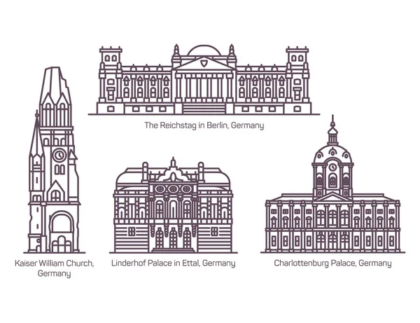 Conjunto de edificios alemanes aislados en línea delgada — Vector de stock