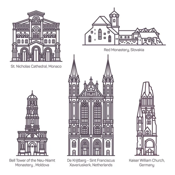 Conjunto de antiguas iglesias europeas de línea delgada. Religión — Archivo Imágenes Vectoriales