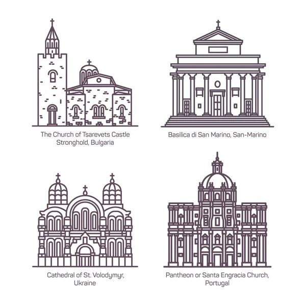 Set of isolated thin line churches and cathedral — Stock Vector