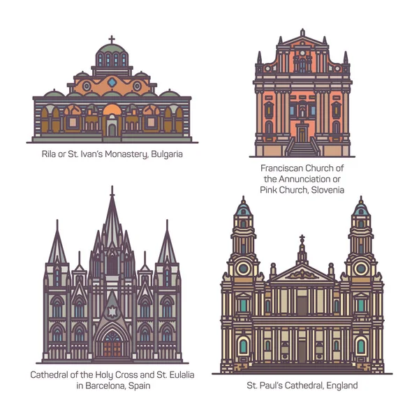 Set van christelijke Europese kerk in dunne lijn — Stockvector