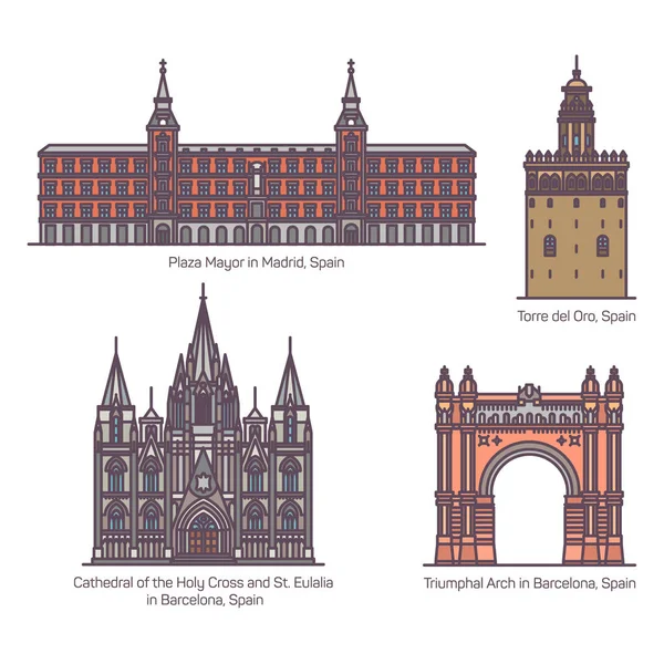 Set of isolated Spanish, Spain landmark buildings — Stock Vector