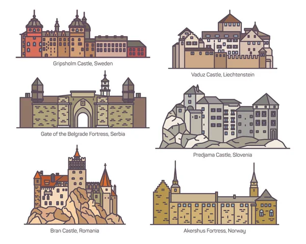 Castelli medievali isolati d'Europa. Architettura — Vettoriale Stock