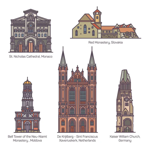 Set of isolated churches of Europe. Religion — Stock Vector