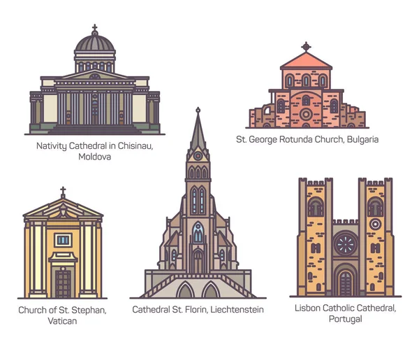 Conjunto de igrejas católicas europeias isoladas em linha — Vetor de Stock