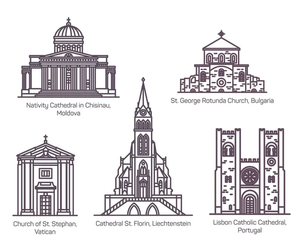 Ευρωπαϊκά κτήρια εκκλησίας και καθεδρικού ναού, σετ γραμμών — Διανυσματικό Αρχείο