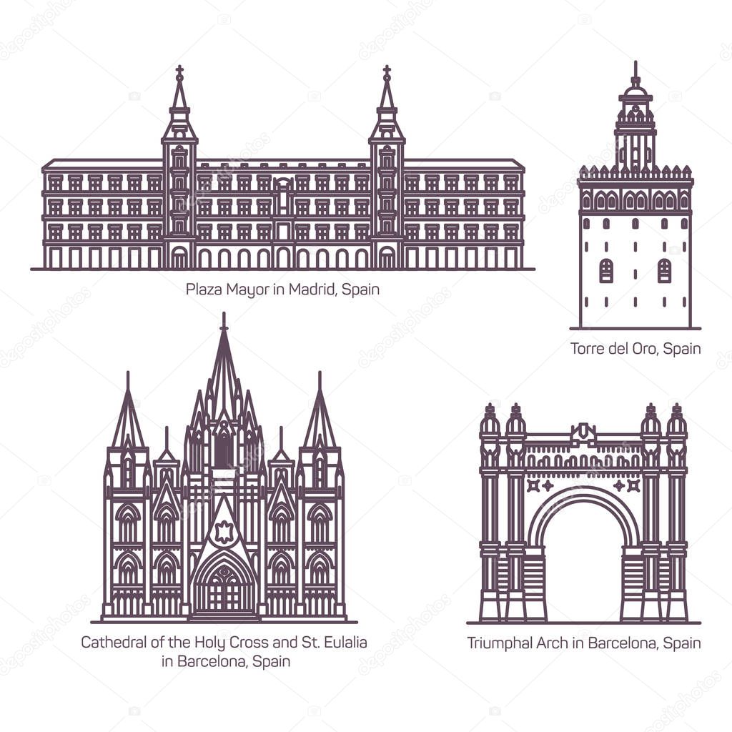 Thin line style of Spain architecture landmarks
