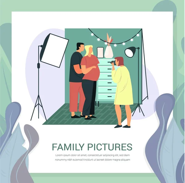 Έγκυος γυναίκα και σύζυγος στην φωτογράφιση. Οικογένεια — Διανυσματικό Αρχείο