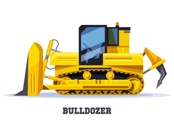 Bulldozer excavadora o tractor en plana, camión amarillo — Vector de stock