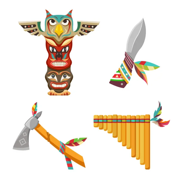 Soubor kulturních indiánských symbolů nebo kmenových předmětů — Stockový vektor
