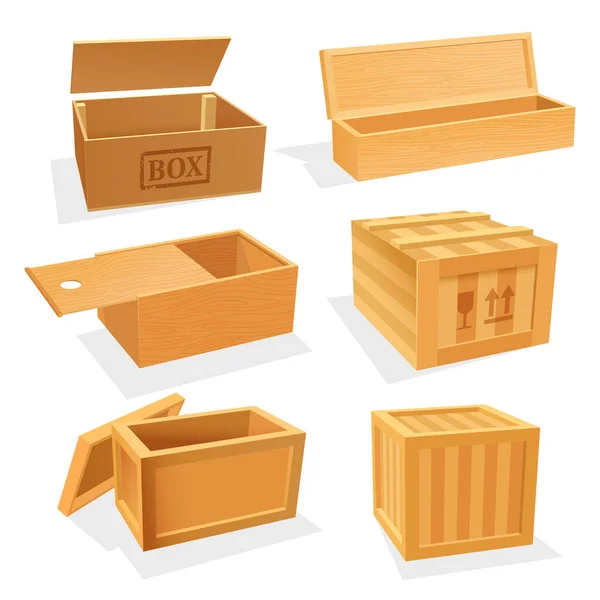 Caixas de madeira e madeira compensada ou caixas, conjunto —  Vetores de Stock
