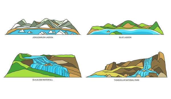 Islandia naturaleza, monumentos naturales, conjunto de iconos de viaje — Vector de stock