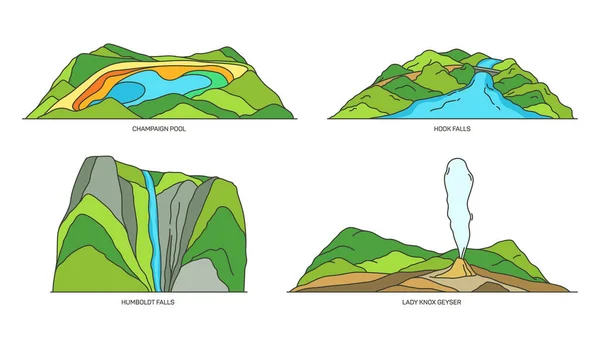 Naturpool, Geysir und Wasserfälle in Neuseeland — Stockvektor
