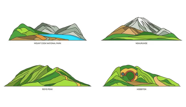 Nueva Zelanda lugares de interés, parques y montañas — Vector de stock