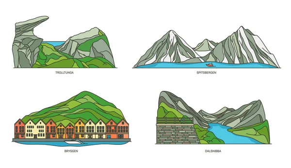 Noruega conjunto de monumentos naturales o iconos del paisaje — Vector de stock