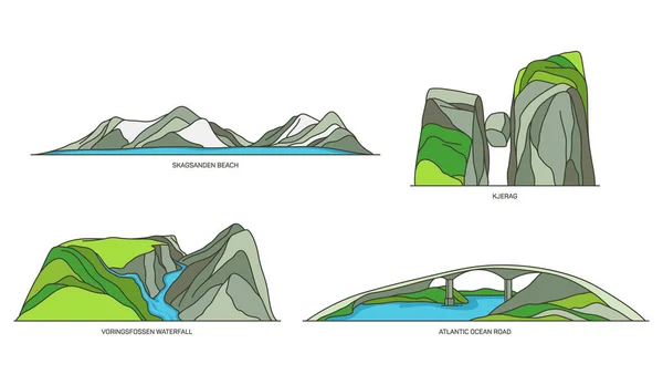 Conjunto de iconos de viaje de Noruega, paisajes naturales — Vector de stock