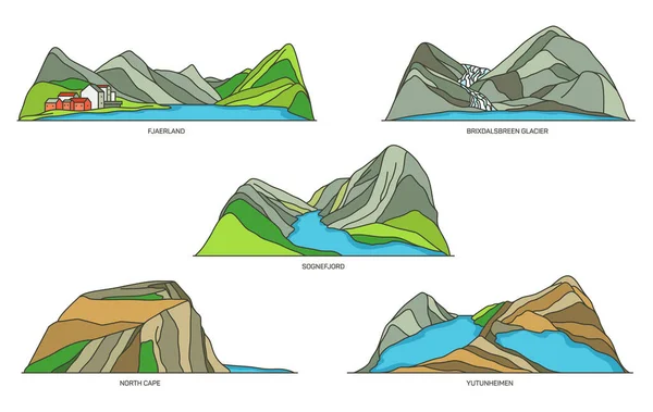 Norvège monuments naturels, icônes de voyage, ensemble vectoriel — Image vectorielle