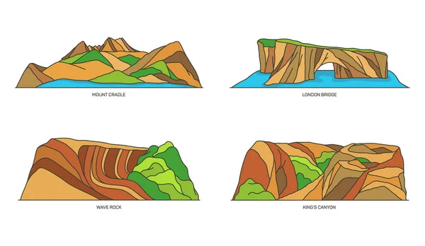 Conjunto de lugares de interés de la naturaleza de Australia, iconos de viaje — Archivo Imágenes Vectoriales