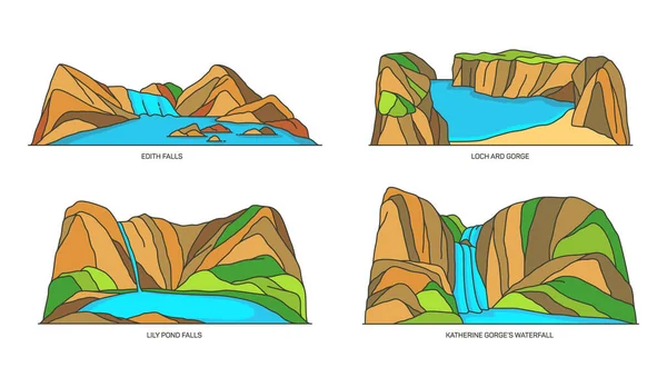 Set Australia landmark alam, danau, air terjun - Stok Vektor