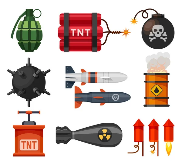 Explosives, bomb, fuse ball, dynamite and grenades — Stock Vector