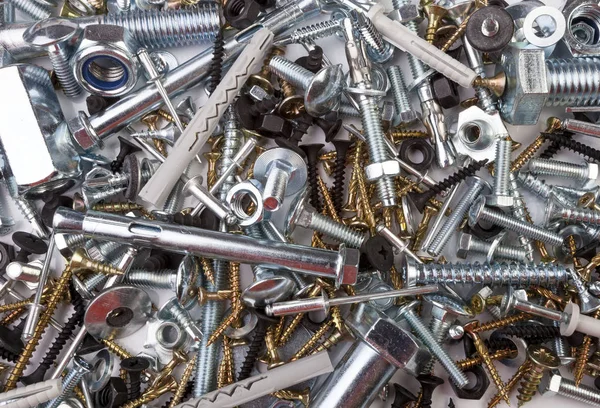 Fasteners Bolts Nuts Washers Screws Saws Popnets Dowels Anchors Hinges — Stock Photo, Image